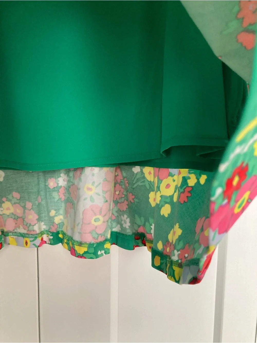 Talbots Green Floral Dress with Bright Multicolor Bloom Print and Ruffle Hem
